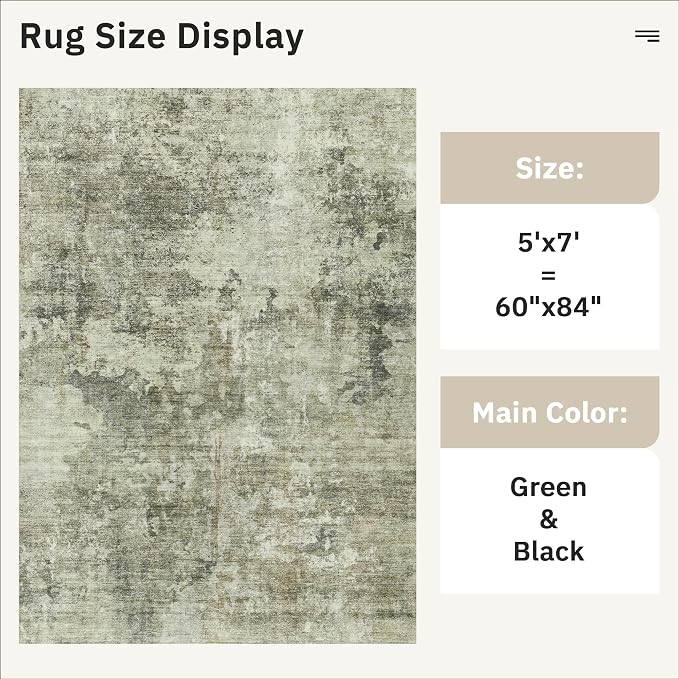 Soalmost Abstract Rug 5x7 Washable Area Rugs for Living Room, Green Black | Vintage Non-Slip Indoor Accent for Bedroom Dining, Foldable Stain Resistant Floor Carpet Mat Under Table Home Office Decor