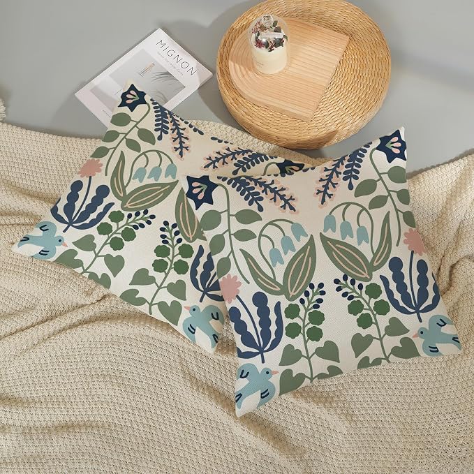 Boho Navy Blue Green Flower Pillow Covers 18x18 Inch Set of 2 Sage Green Floral Throw Pillows Vintage Flower Outdoor Pillowcase Linen Seasonal Decorations Farmhouse Cushion Case for Sofa Home