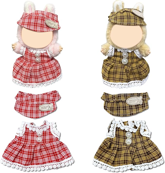 Doll Clothes for Labubu,Cute Outfit for 17cm Doll Clothe 2/3PCS Clothes and Hats Stylish Dolls Clothe for 17 cm Labubu,Casual Style Costumes for Labubu Dolls (Yellow red Plaid Set)