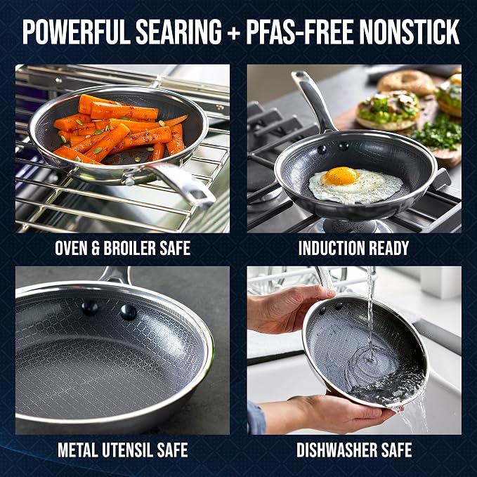 Blue Diamond Hybrid 8" Stainless Steel Nonstick Frying Pan | PFAS-Free Ceramic Nonstick Skillet, Diamond Bond Powerful Searing, Induction & All Cooktop Ready, Dishwasher and Oven Safe