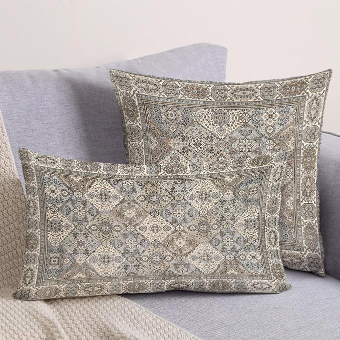 Boho Floral Throw Pillow Covers 12x20 inch Set of 2,Boho Rug Geometric Floral Pattern Decor Double Sided Pattern Cushion Cover Soft Pillow Case Living Sofa Room Bed Square Pillow Cover