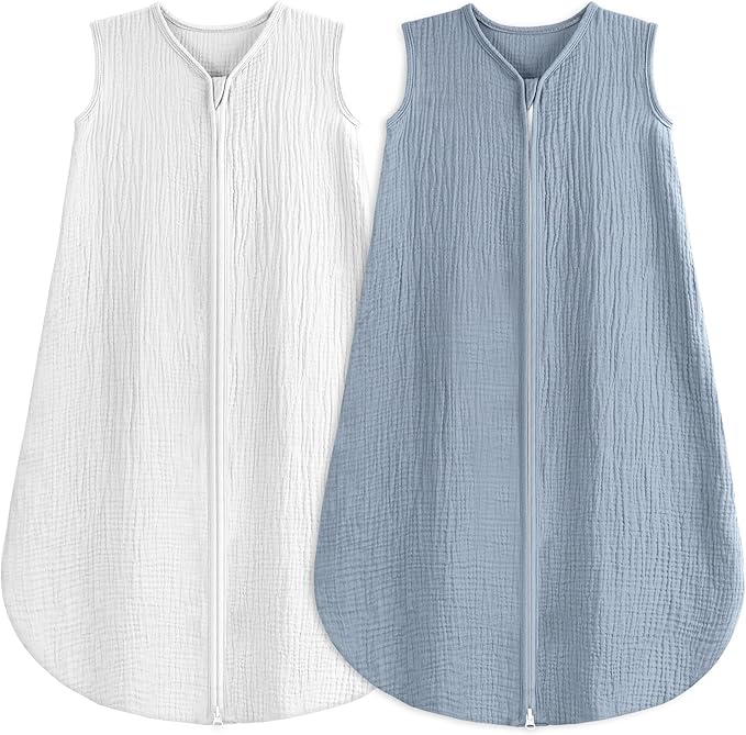 BSTOPPT 2 Pack Baby Sleep Sack 6-12 Months 100% Organic Cotton Muslin Baby Sleeping Bag 2-Way Zipper Wearable Blankets TOG 0.3 (White & Light Gray, Medium)