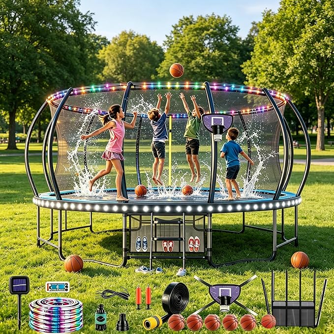Trampoline Accessories Kit for Kids - 4-in-1 Summer Fun (Basketball Hoop + 72FT Solar Colored Lights + Water Sprinkler+ 3 Grid Shoe Bags)-Fits 8-16ft Trampolines