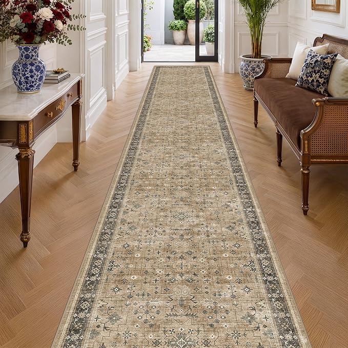 Hazo Haus Washable Earthy Tone 3x20 Extra Long Hallway Runner Rug, Neutral Boho Kitchen Floor Rug Indoor, Non-Slip Stain & Fade Resistant, Vintage Dark Earthy Taupe Floral Décor