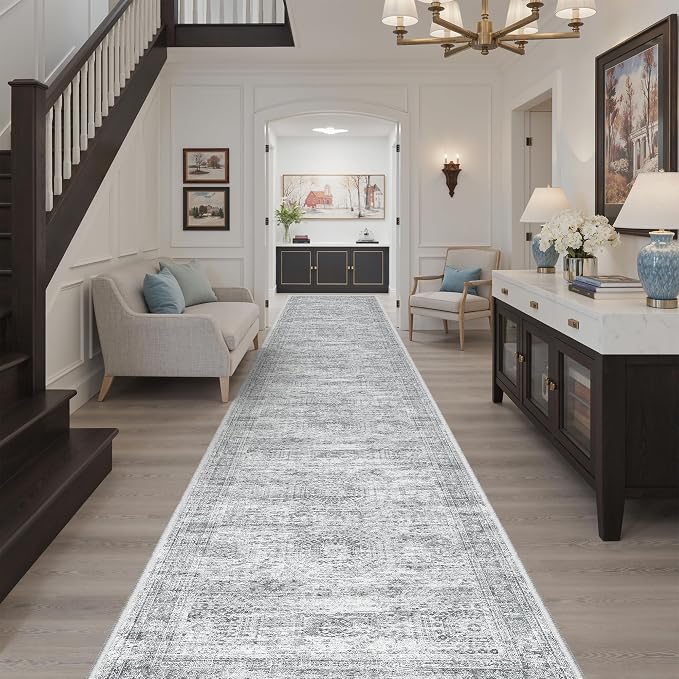 Soalmost Washable Hallway Runner Rug 3x16 Kitchen Entry Rugs Non-Slip, Grey | Vintage Extra Long Runners 16ft for Bathroom Entryway, Foldable Low-Pile Wide Floor Carpet for Corridor Living Room Bedroom