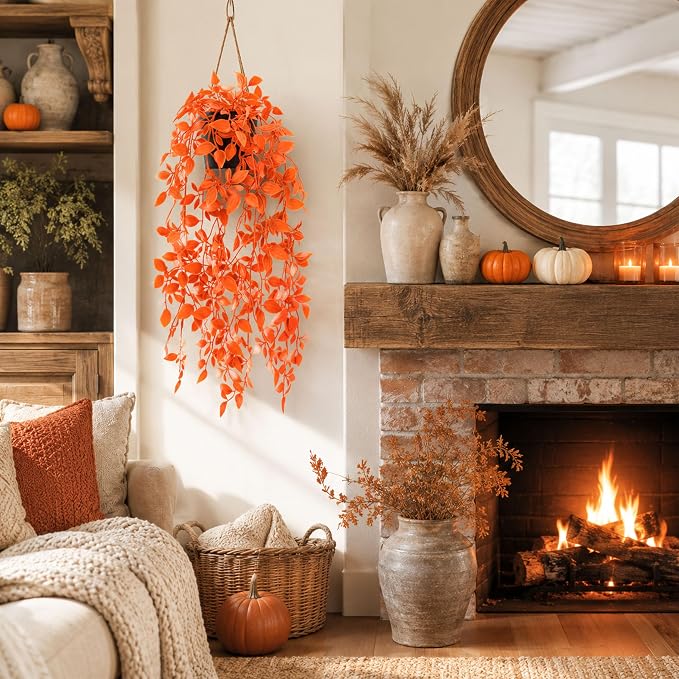 Der Rose 2Pcs Fake Fall Hanging Plants for Home Bathroom Wall Outdoor | Orange artificial hanging plants for autumn decor accents, fall bathroom and kitchen decor, porch, patio and covered decor