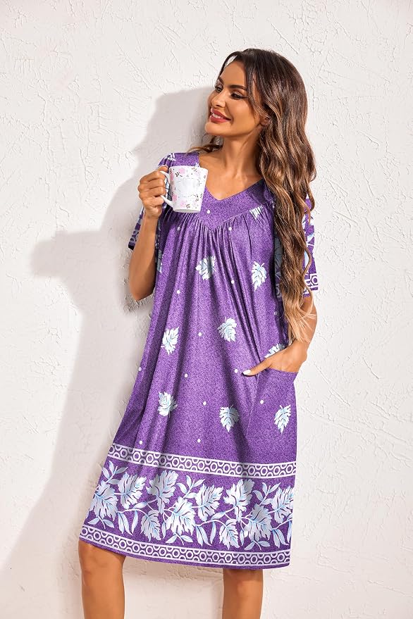 Ekouaer Womens House Dress Floral Print Nightgown with Pockets Mumu Dress