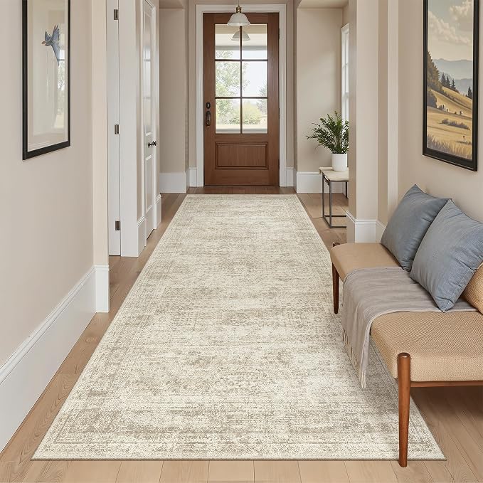 Soalmost Washable 4x8 Hallway Runner Rug Non-Slip Kitchen Entry Rugs Beige | Vintage Wide Runners for Living Dining Room Entryway, Foldable Low-Pile Floor Carpet Mat 8ft for Corridor Foyer Bedroom