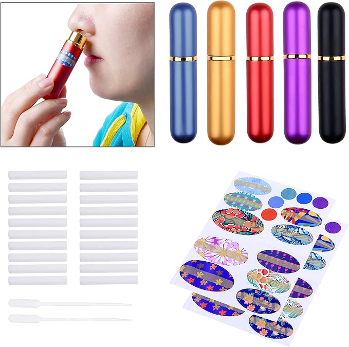 Kare & Kind Inhaler Tubes- Aluminum and Glass - for DIY Essential Oil Aromatherapy Use - Refillable - 5 Elegant Inhaler Tubes, 25 Wicks, 1 Opening Tool, 78 writable Stickers, 2 Mini droppers