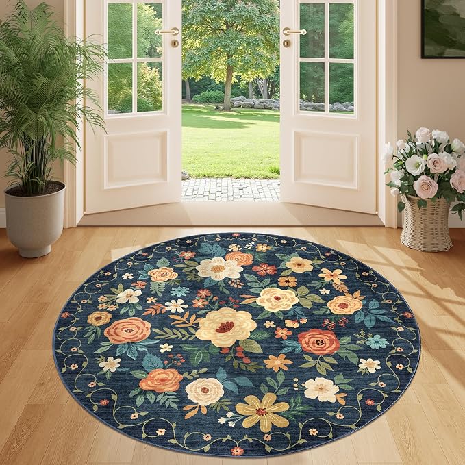 DUKINO 4ft Round Rug, Floral Washable Small Round Area Rug, Navy Blue | Non Slip, Low Pile, Soft Indoor Rug for Kitchen, Bedroom, Living Room, Nursery, Pet Friendly, Home Decor, Stain Resistant