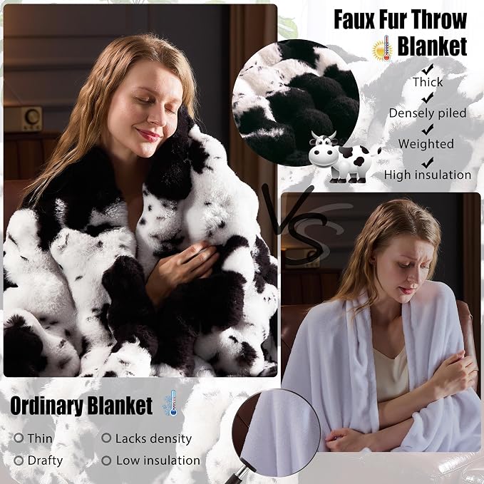 Faux Fur Throw Blanket for Couch, Fluffy Fuzzy Plush Bubble Blanket, Soft Warm Cozy Shaggy Rabbit Blanket, Luxury Decorative Gifts for Sofa Bedroom Living Room, 90x90inch (Cow Print-Black)