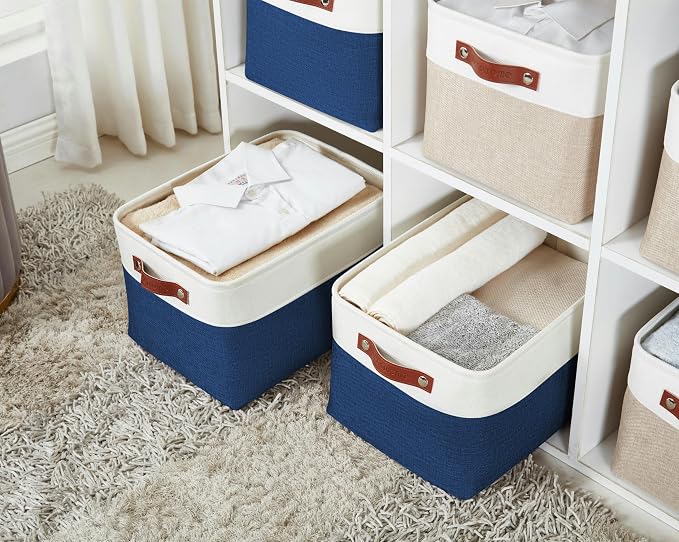 DECOMOMO Storage Bins, Extra Large Fabric Storage Baskets for Shelves 3Pack | 15.8 x 12.5 x 10 inches Decorative Linen Closet Organizers (Navy Blue & White)
