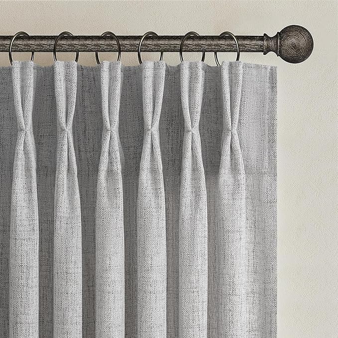 Light Grey Pleated Extra Wide 70 Inch Bedroom Curtains 84 Inches Long 2 Panels Set, Memory Shape Semi Sheer Linen Textured Curtain Light Filtering Privacy Sliding Doors Windows Drapes with Hooks Rings