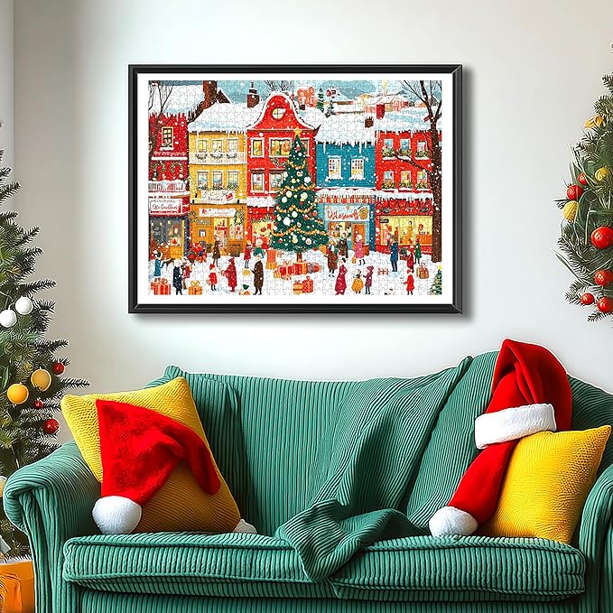 Snowy Christmas Town 1000 Piece Puzzle for Adults, Fun Puzzles for Adults 1000 Pieces with HD Print & Poster, 27.5 * 19.7 in Dust Free, for Gifts Halloween Christmas Family Games Lovers