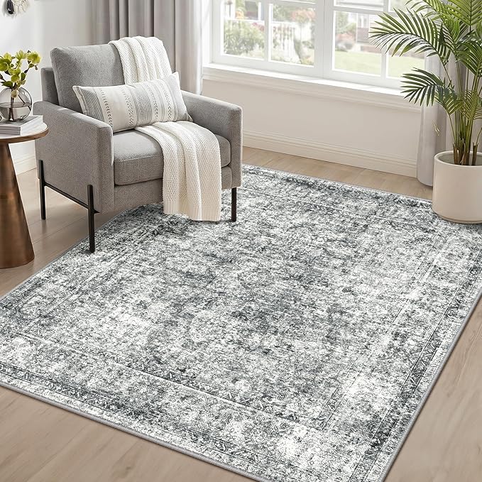 CAPALOCA Square 5ft Washable Nursery Girls Low Pile Area Rug Grey | Non-Slip Soft Rugs for Bedroom Kids Playroom Living Room, Print Pattern Water Repellent Carpet Indoor Decor