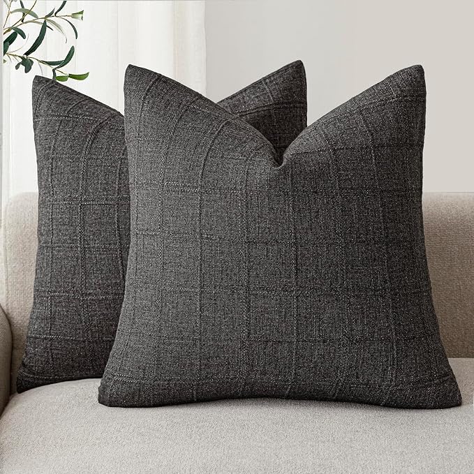 Foindtower Set of 2 Decorative Linen Check Throw Pillow Covers Neutral Farmhouse Vintage Cushion Covers Modern Boho Home Decor for Sofa Chair Couch Bedroom Living Room,16×16 Inch,Charcoal