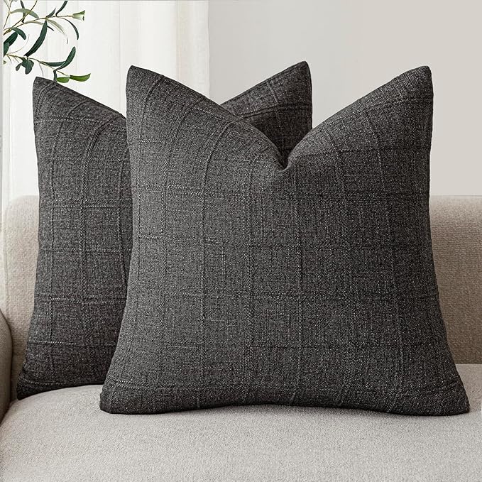 Foindtower Set of 2 Decorative Linen Check Throw Pillow Covers Neutral Farmhouse Vintage Cushion Covers Modern Boho Home Decor for Sofa Chair Couch Bedroom Living Room,26×26 Inch,Charcoal