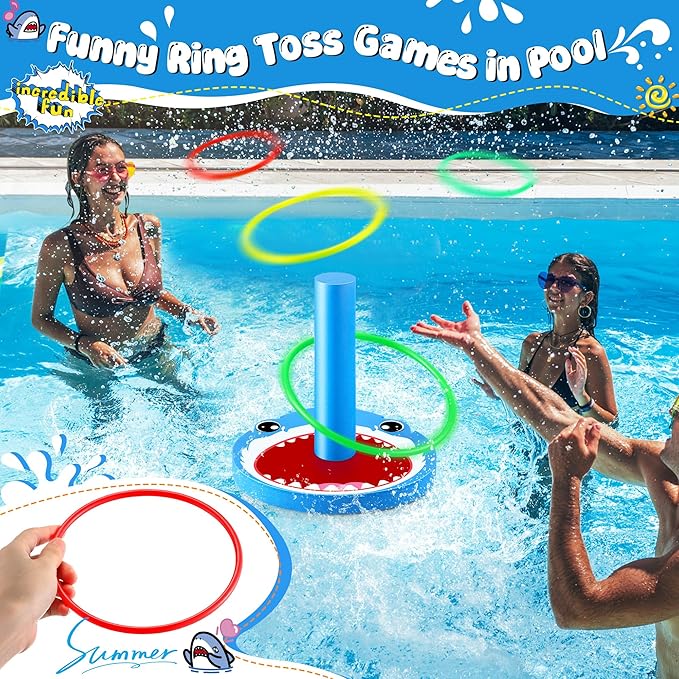 Hiboom Pool Ring Toss Games Toys, Swimming Pool Games for Adults and Family with 6 Pcs Throwing Rings, Water Foam Toss Float Toys for Summer Outdoor, Beach, Yard, Party(Shark)