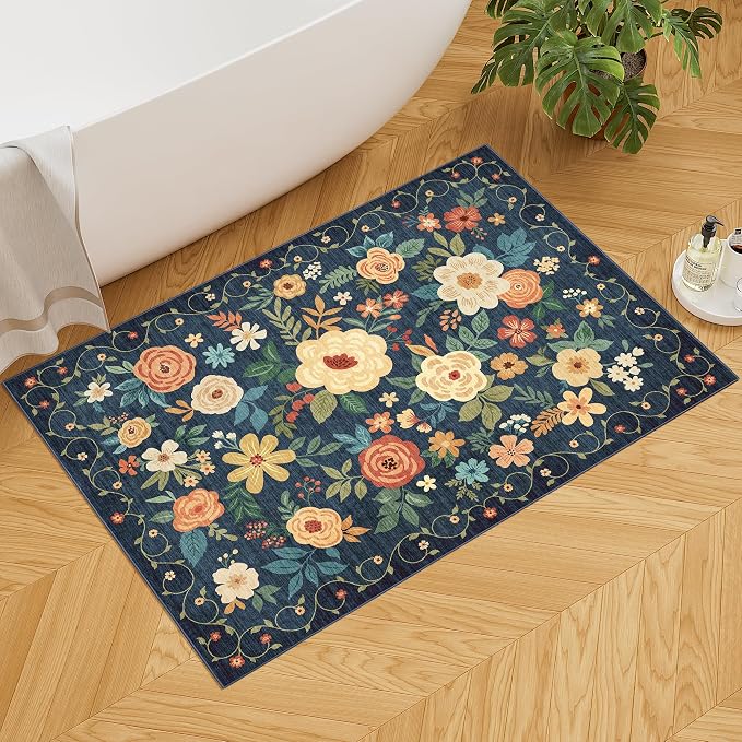 DUKINO 2x3 Entryway Rug, Door Mat Soft Washable Rug Non Slip, Navy Blue | Low Pile, Non-Shedding, Floral Small Rug for Kitchen, Entrance, Bedroom, Bathroom, Pet Friendly, Stain Resistant, Home Decor