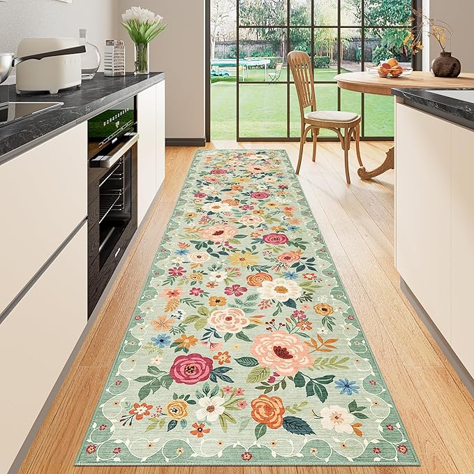 DUKINO 2.6x10 Runner Rug for Hallway, Washable Kitchen Rugs Non Slip, Green | Soft, Low Pile, Floral Indoor Floor Rug Runner for Entryway, Bedroom, Bathroom, Laundry, Pet Friendly, Home Decor, Ultra-Thin