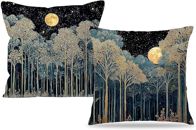 Vintage William Morris Inspired Gold Forest Moon Pillow Covers 18x18 Set of 2,Rustic Black and Gold Botanical Moon Nature Landscape Decorative Throw Pillow Covers for Home Bedroom Living Room