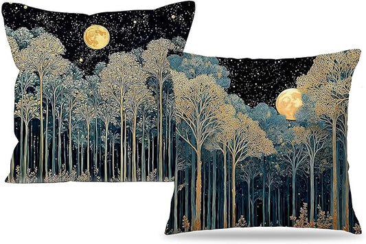 Vintage William Morris Inspired Gold Forest Moon Pillow Covers 18x18 Set of 2,Rustic Black and Gold Botanical Moon Nature Landscape Decorative Throw Pillow Covers for Home Bedroom Living Room