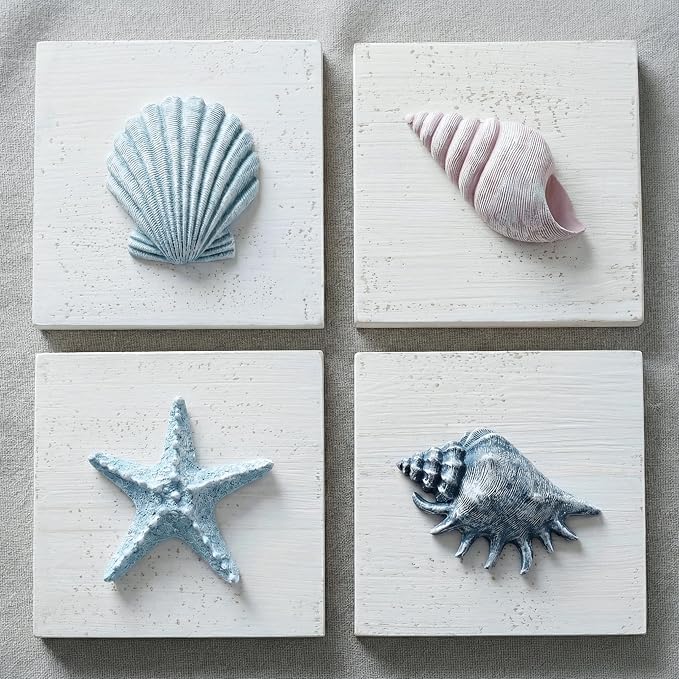 Tide and Tales 3D Seashell Wall Art, Coastal Bathroom Wall Decor, Set of 4 | 6" x 6", Textured 3D Beach Decor, Rustic Ocean Theme Decorations for Home or Beach House, Hanging Ready, Gift Boxed