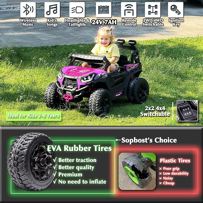 Sopbost 24V Premium 4x4 Ride On UTV for Kids with Remote Control, Electric Off-Road Truck with EVA Rubber Tires, 2WD/4WD Switch, Music & LED Lights, Battery Powered Car for Big Kids Ages 3–8 (Pink)