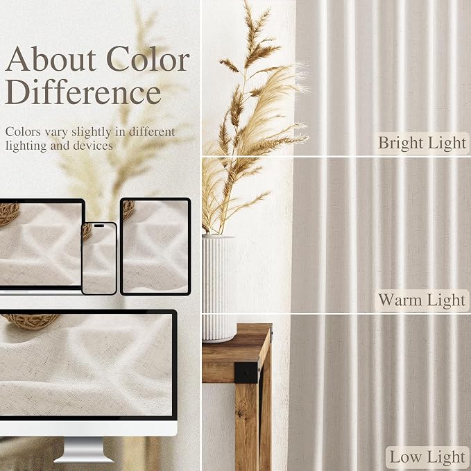 Nanspring Pearl White Linen Curtains 96 Inches Long for Living Room Coastal Decor Luxury Light Filtering Semi Sheer Curtain Back Tab Modern Farmhouse Drapes for Bedroom Office 52x96, 2 Panels