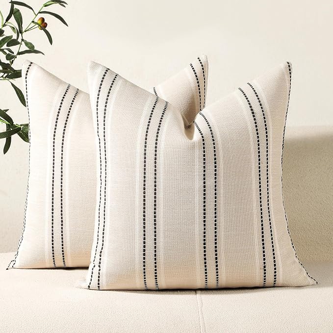 Hckot Throw Pillow Covers 16x16 Set of 2 Striped Pillow Covers Textured Linen Decorative Pillows Square Cushion Covers for Sofa Couch Bed Living Room Farmhouse Decor, Black