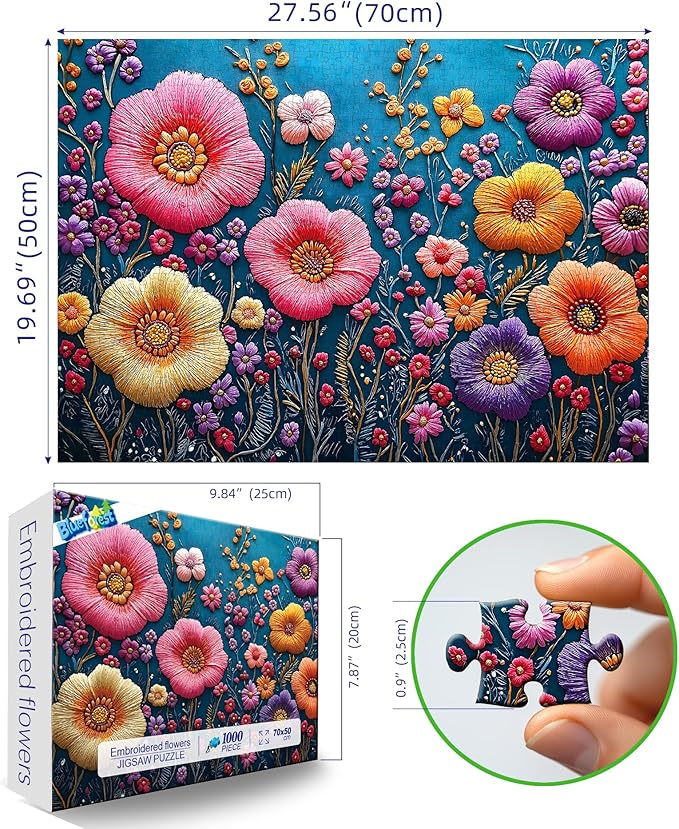 Blueforest Puzzles for Adults 1000 Pieces, Embroidery Flowers 1000 Piece Puzzle for Adults, Jigsaw Puzzles 1000 Pieces with Letters On Back Impossible Hard Difficult Challenging Family Puzzle