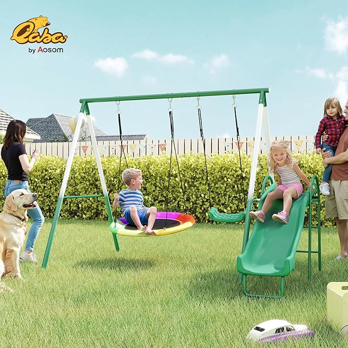 Qaba Swing Set for Backyard with Adjustable Seat and Saucer Swing, 5' Slide, Heavy Duty A-Frame Metal Stand Outdoor Playground Playset for Kids, Dark Green, 112" x 91" x 73"
