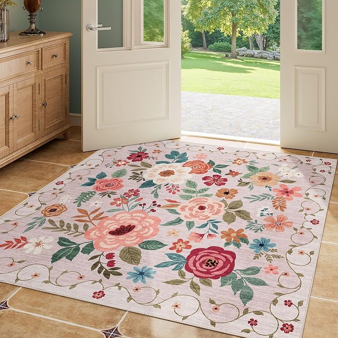 DUKINO 4x4 Square Area Rug, Soft Floral Washable Rug for Entryway, Beige | Non Slip, Low Pile, Stain Resistant Indoor Rug for Kitchen, Bedroom, Living Room, Nursery, Pet Friendly, Modern Home Decor