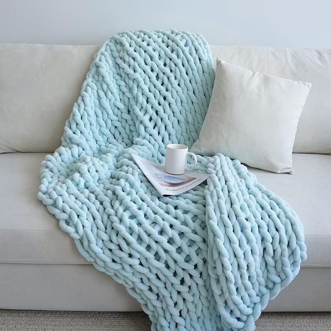 Maetoow Chenille Chunky Knit Blanket，Handmade Cozy for Home Decor，60×80，Baby Blue