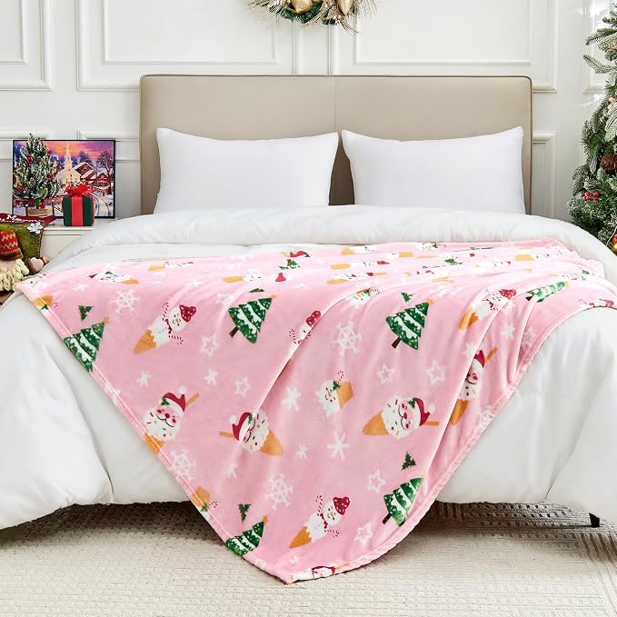 Edenleaf Christmas Blanket Soft Cozy Pink Throws with Snowman Snowflake Santa Claus and Xmas Trees Print, Fuzzy Warm Christmas Throw Blanket for Couch Bed Holiday Decorations Gifts 60"x80" (Pink)