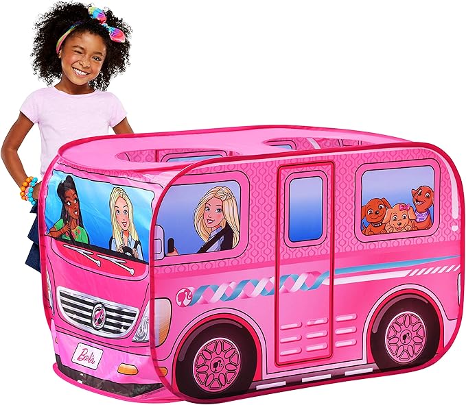 Sunny Days Entertainment Barbie Dream Camper Pop Up Play Tent Pink Indoor Playhouse for Kids Gift for Girls