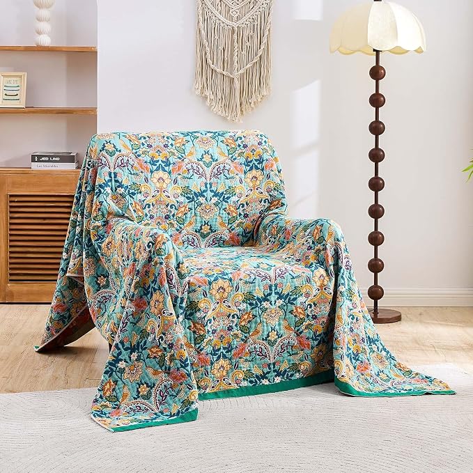 XIBLC Boho Blanket Throw Quilt, 100% Cotton Soft Light Weight Throw Blankets for Summer, 60"x80" Farmhouse Flower Decorative Blankets, All Season Rustic Reversible Bohemian Throw Quilt