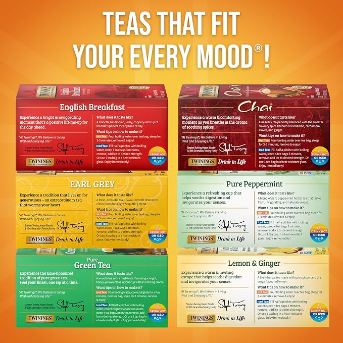 Twinings Variety Pack Tea Bags, 25 Count (Pack of 6) Includes English Breakfast, Earl Grey, Lemon Ginger, Peppermint, Green, and Chai, Enjoy Hot or Iced, 150 Teabags