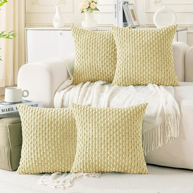 Set of 4 Pale Yellow Decorative Throw Pillow Covers 26x26 Inch Corduroy Pillow Covers for Bed Couch Sofa Living Room Soft Square Cushion Cases