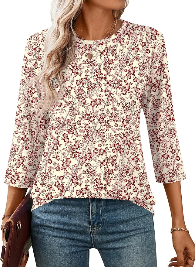 LOMON 3/4 Length Sleeve Womens Tops Spring Summer Fashion 2026 Tops Crew Neck Pleated Shirts Tunic Top Loose Fit