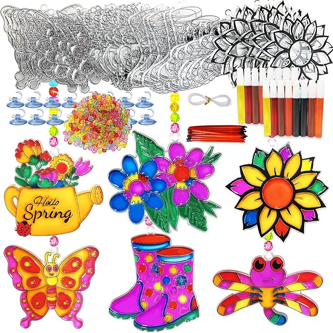 Ayhuhra 30 Sets Spring Flower Suncatcher Craft Kit Butterfly Sun Catcher DIY Window Paint Art Suncatcher Kits for Spring Summer Easter Party Activities Art Project Party Favors
