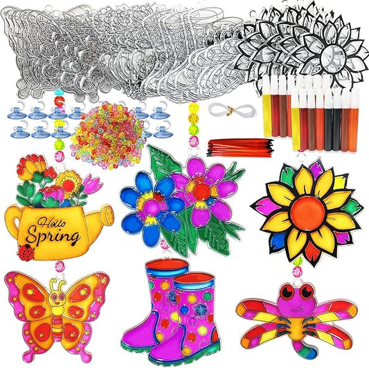 Ayhuhra 30 Sets Spring Flower Suncatcher Craft Kit Butterfly Sun Catcher DIY Window Paint Art Suncatcher Kits for Spring Summer Easter Party Activities Art Project Party Favors