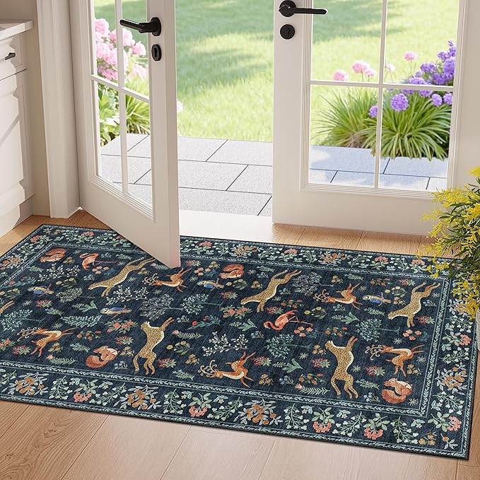 DUKINO 2x4 Rug for Entryway, Animal Washable Rug for Kitchen, Navy Blue | Non Slip, Low Pile, Stain Resistant Indoor Runner Rug for Hallway, Bedroom, Bathroom, Laundry, Pet Friendly, Non-Shedding