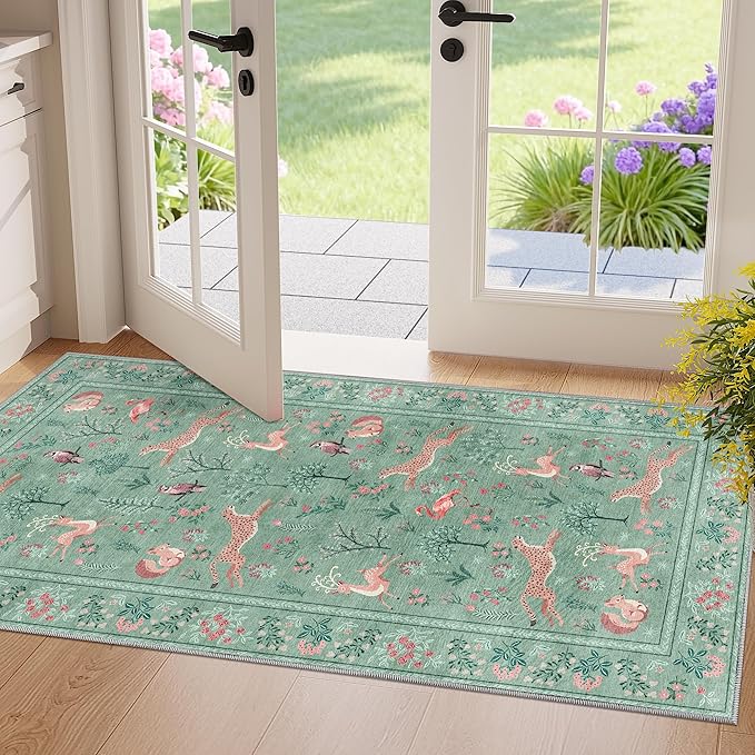 DUKINO 2x4 Rug for Entryway, Animal Washable Runner Rug for Kitchen, Teal | Non Slip, Low Pile, Stain Resistant Thin Indoor Carpet for Hallway, Bedroom, Bathroom, Laundry, Pet Friendly, Non-Shedding
