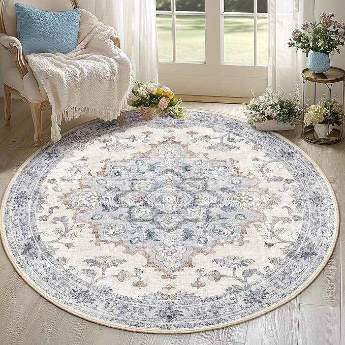 CAPALOCA Round 6ft Washable Nursery Girls Low Pile Area Rug Blue White | Non-Slip Soft Rugs for Bedroom Kids Playroom Living Room, Print Pattern Water Repellent Carpet Indoor Decor