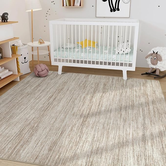 Nakagishi 9x12 Area Rugs Living Room: Washable Large Vintage Rug Neutral Non-Slip Soft Stain Resistant Indoor Carpet for Bedroom Nursery Dining Room Office Playroom - Brown-01