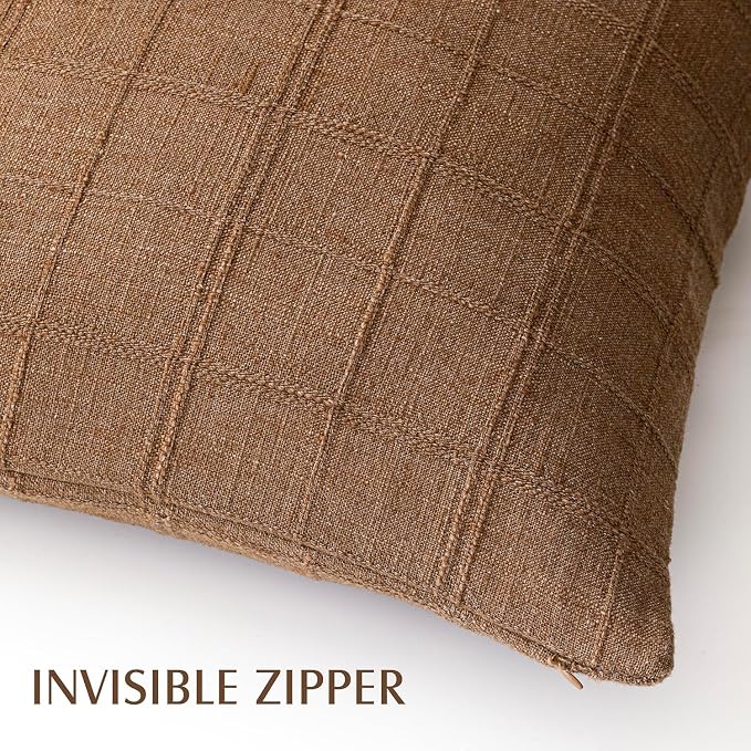 Foindtower Set of 2 Decorative Linen Check Throw Pillow Covers Neutral Farmhouse Lumbar Cushion Covers Modern Boho Home Decor for Sofa Chair Couch Bedroom Living Room,12×20 Inch,Brown Hazel