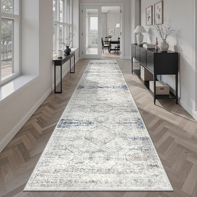 Soalmost Runner Rug 2x12 Washable Hallway Kitchen Runners Blue/Ivory | Non-Slip Vintage Rugs for Bathroom Laundry Room, Soft Low Pile Foldable Floor Carpet Mat for Entryway Corridor Bedroom