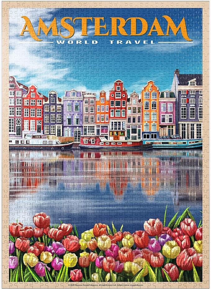 MyPuzzle Amsterdam, Netherlands - City of Canals, Vintage Travel Poster - Premium 1000 Piece Jigsaw Puzzle for Adults