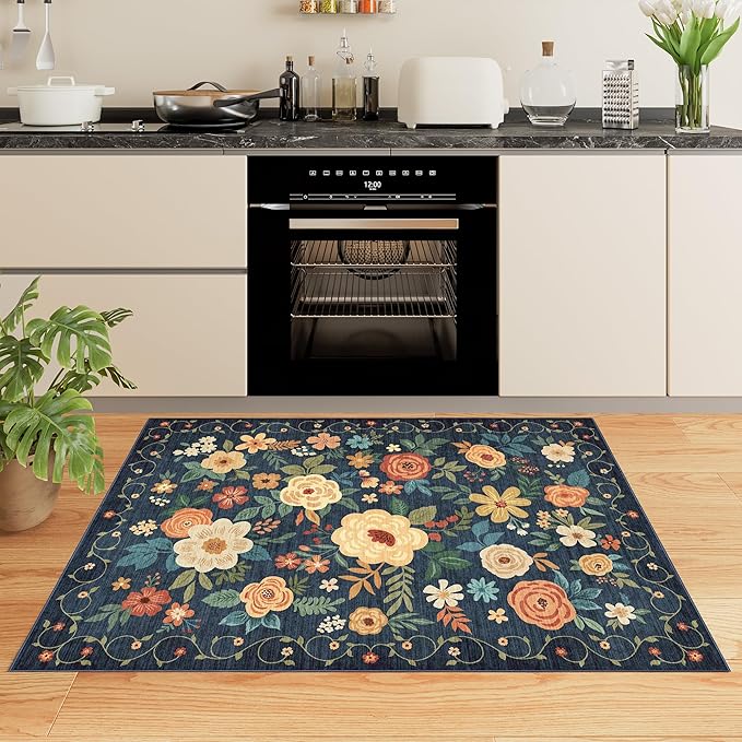 DUKINO 3x5 Area Rug, Floral Washable Rug for Bedroom Non Slip, Navy Blue | Soft, Stain Resistant Low Pile Indoor Rug for Entryway, Bedroom, Bathroom, Living Room, Pet Friendly, Home Decor, Lightweight